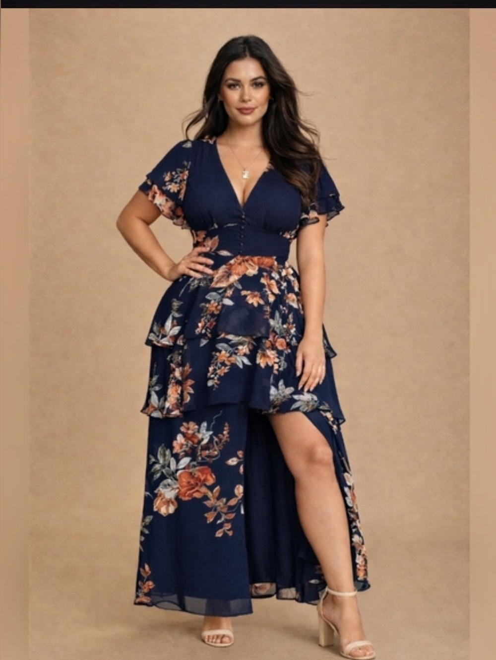 LULU'S NWT Navy Floral Tiered Maxi Dress with Ruffle Sleeves Size 16